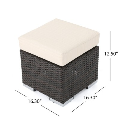 Multibrown and Beige Faux Rattan Outdoor Ottoman with Water-Resistant Cushion