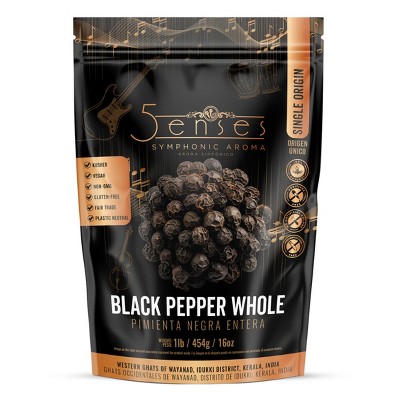 5Senses Black Pepper Whole | Bassline Burst | Single Origin | Non-GMO, Fairtrade (16oz/454g) Resealable Bag