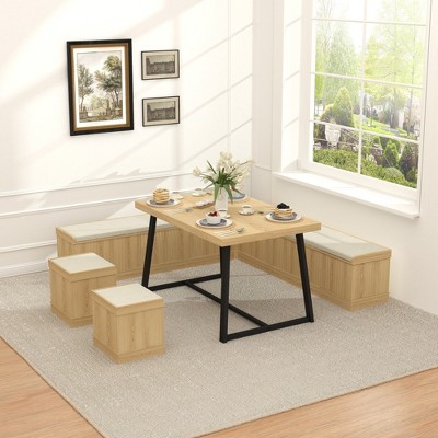 Brafabhome 6 PCS Dining Table Set with Storage Bench, Modern Corner Breakfast Nook with Cushions Stool for 6, Suitable for Kitchen and Dining Room