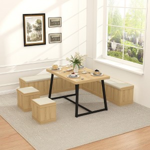 Brafabhome 6 PCS Dining Table Set with Storage Bench, Modern Corner Breakfast Nook with Cushions Stool for 6, Suitable for Kitchen and Dining Room - 1 of 4