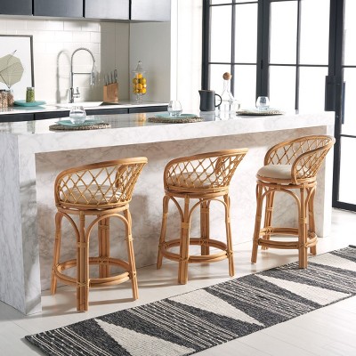 Natural Rattan Counter Stool with White Linen Cushion