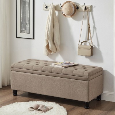 Fabric Upholstered Tufted Storage Bench,Linen Upholstered Entryway Bench Living Room Padded Seat with Armrest,Bed Bench-Cuddlewood