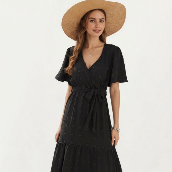 Vestido largo de mujer de manga corta con frente cruzado, lazo en cintura y falda en capas - Anna-Kaci 4