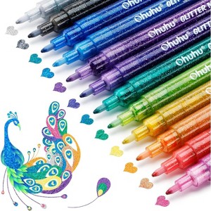 Ohuhu Glitter Markers Pen: 12 Glitter Colors Metallic Shimmer Marker Fine Tip Water-based Ink for DIY Crafts Greeting Birthday Cards Making Mugs Wood - 1 of 4