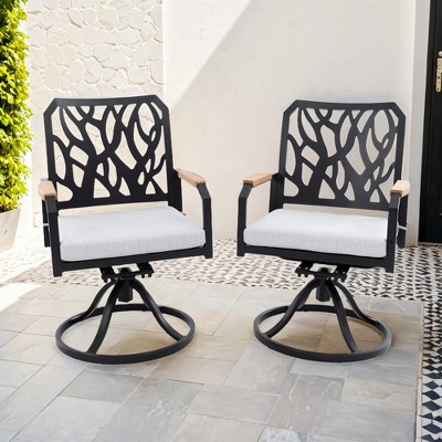 DOMETOUR 2PCS Aluminum Swivel Rocker with Sunbrella Cushions, Branch-Like Backrest, FSC Wood Armrests, Bourbon Brown