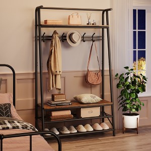Coat and Shoe Rack, Coat Stand with Shoe Storage Bench, Wood and Metal Frame, with Hooks, a Clothes Rail, for Hallway, Entrance, Bathroom - 1 of 4