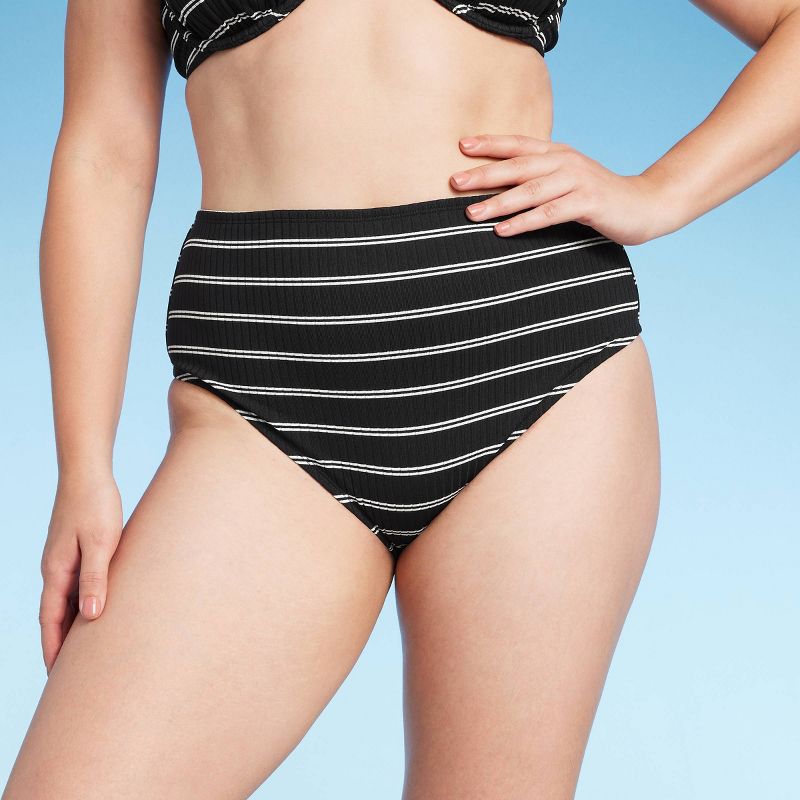 Women's Ribbed High Waist Bikini Bottom - Shade & Shore™ Black Striped, 5 of 7