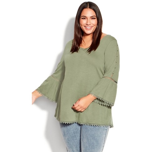 Evans | Women's Plus Size Crochet Split Sleeve Top - Sage - 18w