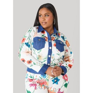 ジャケット・アウター plenty Whim Gazette 7104784 Women's Plus Size Denim Trimmed Floral Print Jacket - Ashley