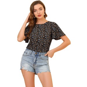 Allegra K Women's Floral Chiffon Casual Round Neck Flutter Sleeve Blouse - 1 of 4