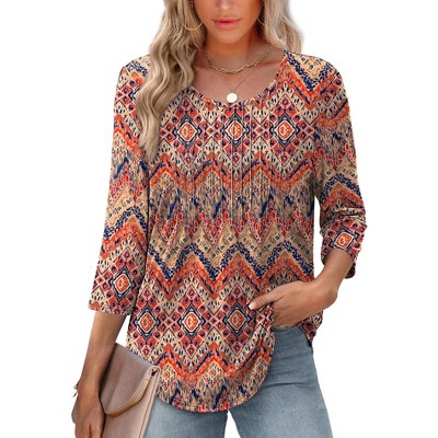 3/4 Length Sleeve Tops for Women Crewneck Casual Blouses Pleated Tunic Top Loose Fit Shirts 2025