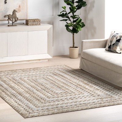 Beige and Ivory Geometric 4' x 6' Washable Synthetic Area Rug