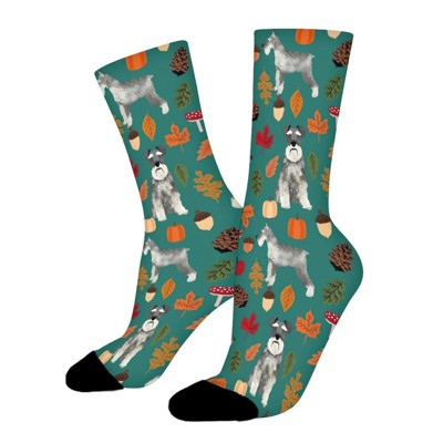 Schnauzer Dog Autumn Leaves Women Printed Crew Socks Funny Funky Socks Soft Polyester Novelty Gifts for Artists Men