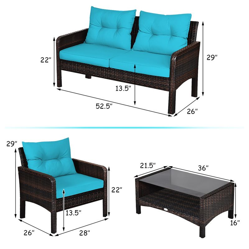Costway 4PCS Patio Rattan Furniture Set Loveseat Sofa Coffee Table W/Turquoise Cushion, 3 of 11