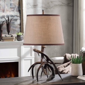 Dalton Table Lamp Dark Brown Finish - StyleCraft: Polyresin Base, Beige Polyester Shade, 3-Way Rotary Switch - 1 of 4