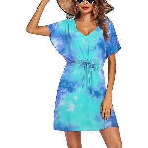 Ekouaer Womens Swimsuit Coverup Short Sleeve Beach Cover Up Dress V Neck Bikini Beachwear - 1 of 4