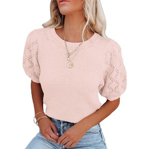 Womens Short Sleeve Lightweight Sweaters Crewneck Knit Pullover Tops with Crochet Sleeve Casual Crochet Blouse Shirt for Spring, Summer - 1 of 4