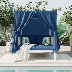 Janey Metal Frame Woven Rope Patio Daybed with Curtains, 2-Seater Outdoor Daybed, Outdoor Furniture, Tanning Near Me - Maison Boucle - 1 of 4