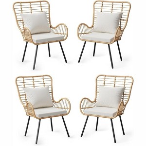 Wicker Chairs Outdoor Set of 4, Indoor/Outdoor Wicker Furniture Patio Chair, Chair with Water-Resistant Cushions, Boho, Brown and Beige - 1 of 4