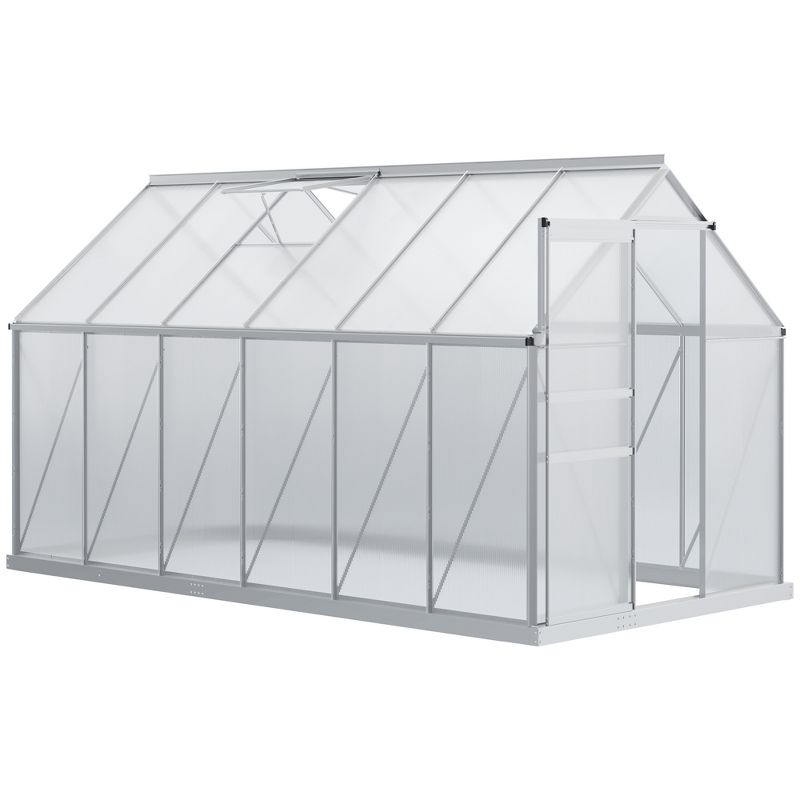 Outsunny Aluminum Greenhouse, Polycarbonate Walk-in Garden Greenhouse Kit with Adjustable Roof Vent, Rain Gutter and Sliding Door for Winter, Silver, 1 of 10
