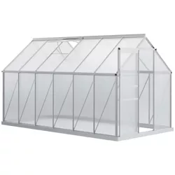 Outsunny Aluminum Greenhouse, Polycarbonate Walk-in Garden Greenhouse Kit with Adjustable Roof Vent, Rain Gutter and Sliding Door for Winter, Silver