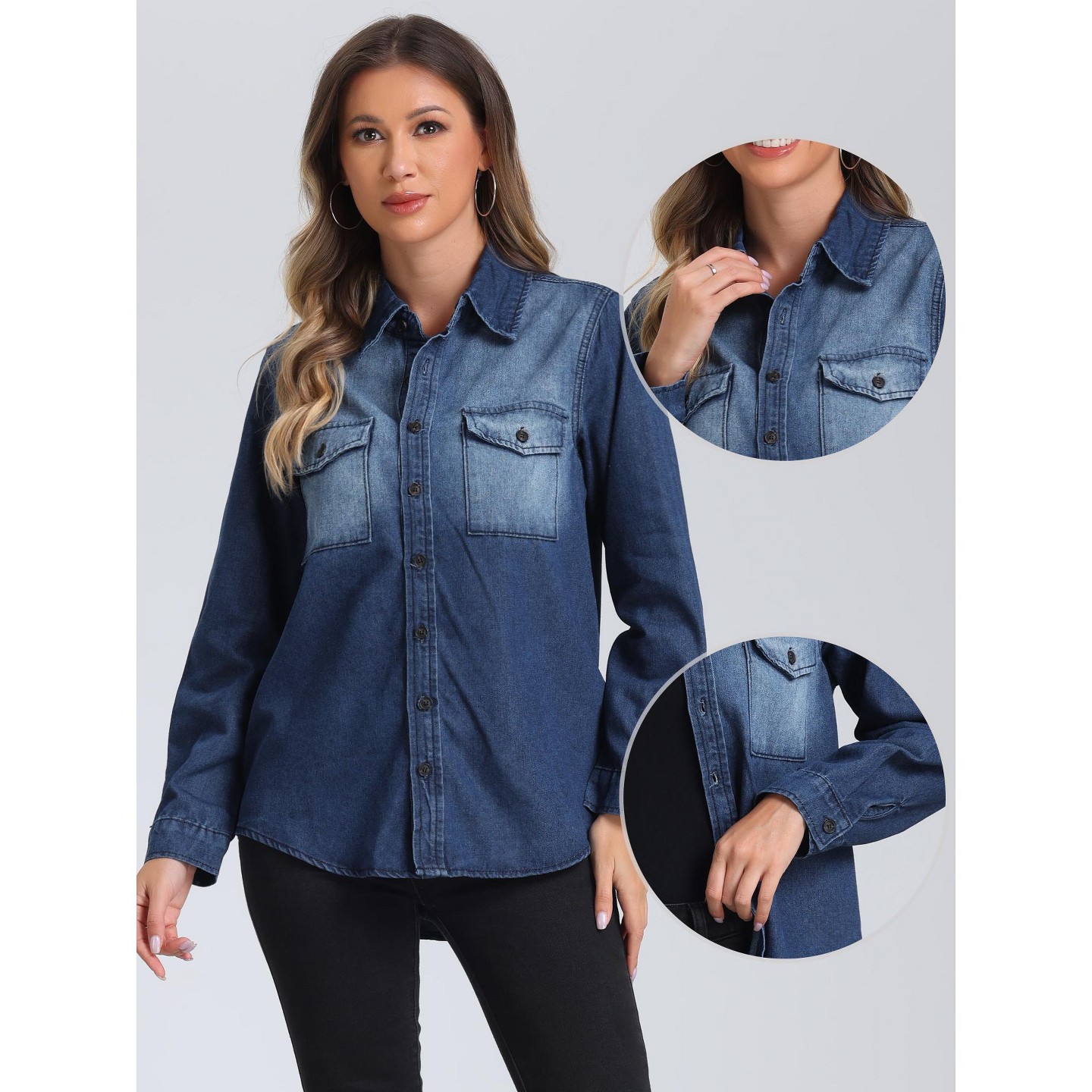 Женские куртки Allegra K Button Down Collar Long Sleeve Oversized Casual Denim Jackets Blue, цвет: Джинсовый — фото 2