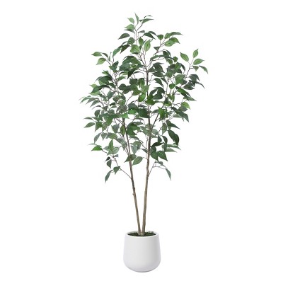 DR.Planzen 5-7FT Artiicial Ficus Tree with Round White Planter, Pre Potted Faux Plant for Indoor Home Decor