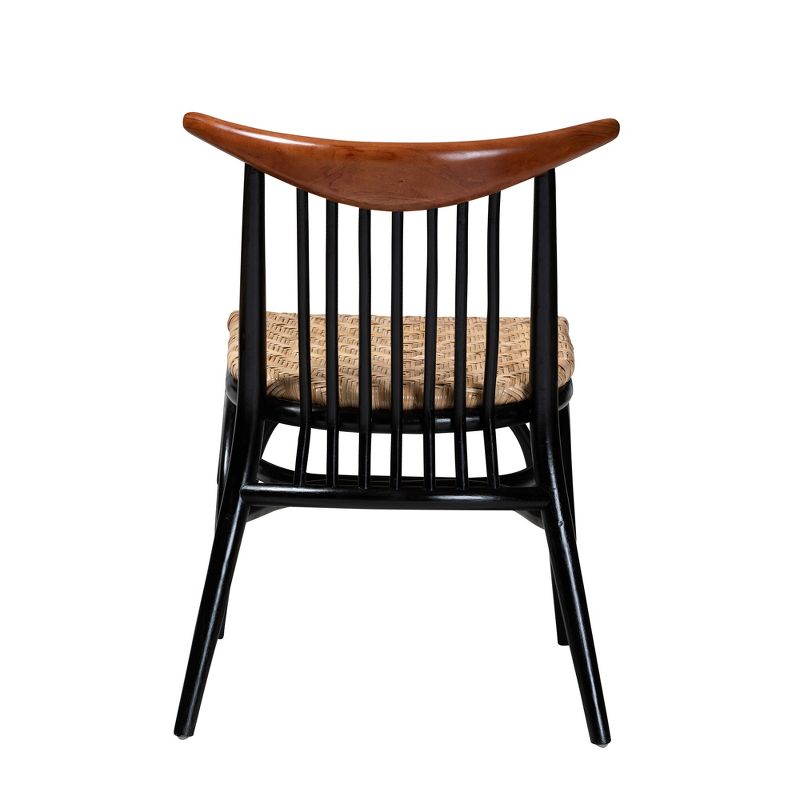 bali & pari Parthenia Mid-Century Modern Two-Tone Black and Walnut Brown Finished Mahogany Wood and Natural Rattan Dining Chair, 5 of 9