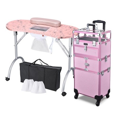 Byootique Folding Manicure Nail Table 2in1 Rolling Makeup Train Case Kit Manicure Cosmetic Trolley Travel Organizer Nail Case, Pink/Purple/