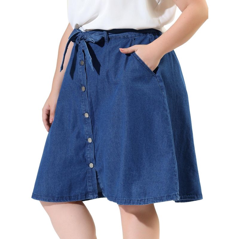 Agnes Orinda Women's Plus Size Denim Tie Waist Button Front A-Line Midi Skirts, 1 of 7