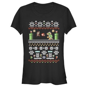Juniors Womens Nintendo Ugly Christmas Mario and Bowser T-Shirt - 1 of 3