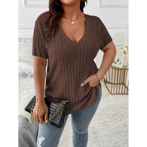 Clearlove Plus Size Tops for Women Short Sleeve Shirts V Neck Loose Fit Blouse Solid Color Lightweight Shirts - 1 of 3