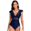 Coolmee Womens One Piece Swimsuit Ruffle Sleeves Mesh V Neck Tummy Control Ruched Bathing Suit Swimwear - 2 of 4