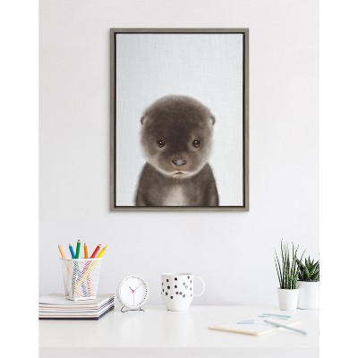 Gray Baby Otter Color Illustration Framed Canvas, 18x24
