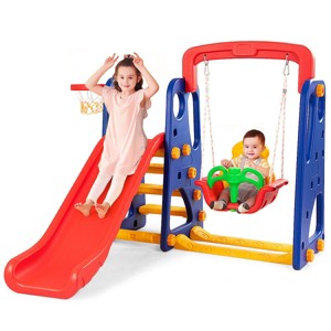 Costway 3 in 1 Junior Children Climber Slide Swing Seat Basketball Hoop Playset - 1 of 4