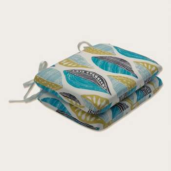 Set of 2 Leaf Block Outdoor/Indoor Rounded Corners Seat Cushions Teal/Citron - Pillow Perfect