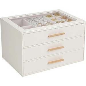 Glass Lid Jewelry Organizer with 3 Drawers and PU Exterior - 1 of 4