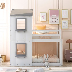 PAGED Wooden Housebed Bunk Bed Loft Bed, Twin over Twin Bed Frame with Window, Shelves, Ladder and Guardrail for Kids, Teens - 1 of 4