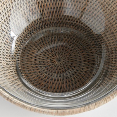 Graywash Rattan and Glass Salad Serving Bowl