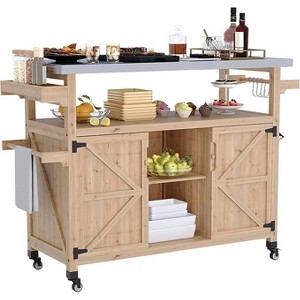 Outdoor Grill Cart with Storage Cabinet, Wood Outdoor Kitchen Island on Wheels, with Stainless Steel Table Top, Spice Rack, Lockable Wheels - 1 of 4