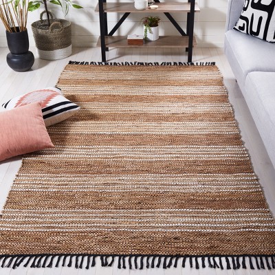 Brown and Natural Flatweave Striped Cotton Leather Rug