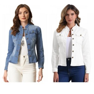 INSPIRE CHIC Women's Button Front Stand Collar Long Sleeve Jean Jackets with Pockets 2 Packs - 1 of 4