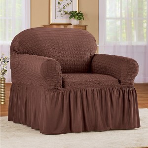 Textured Leaf Design Ruffled Skirt Slipcover – Stretch Furniture Cover For Chair, Recliner, Loveseat Or Sofa (Taupe, Cream, Blue)