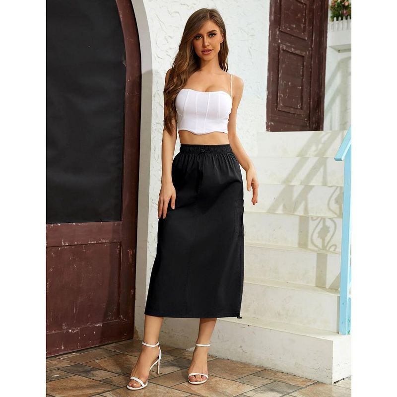 Women Y2k Cargo Long Skirt Drawstring Waist Casual Back Ruched Vintage Slit Skirts with Pockets, 3 of 8