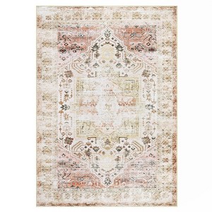 Washable Vintage Soft Non Slip Rectangular Distressed Floral Print Runner Rug Light Taupe 2 x 6(ft) - 1 of 4