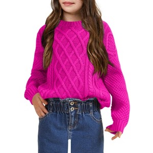 Girls Pullover Sweater Cable Knit Crew Neck Long Sleeve Sweater Knit Tops,Rose Pink - S - 1 of 4