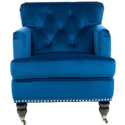 Navy Velvet Tufted Arm Chair with Espresso Wood Legs