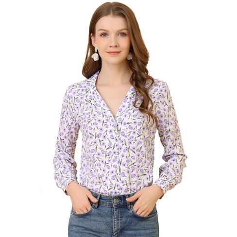 Allegra K Women's Vintage Notched Lapel Long Sleeve Printed Button Down ...