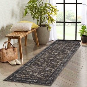 Washable Rug Boho Abstract Hallway Runners Vintage Distressed Floral Soft Low Pile Floor Carpet for Living Room - 1 of 4