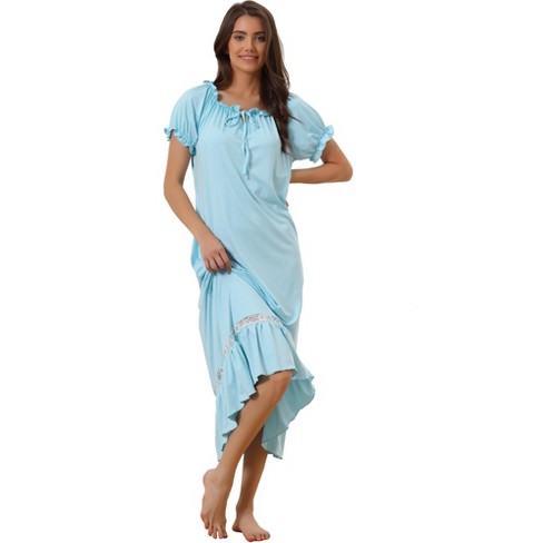 Cheibear Women's Victorian Ruffle Short Sleeve Tie Neck Pajama Sleep Dress  Blue Xx-large : Target